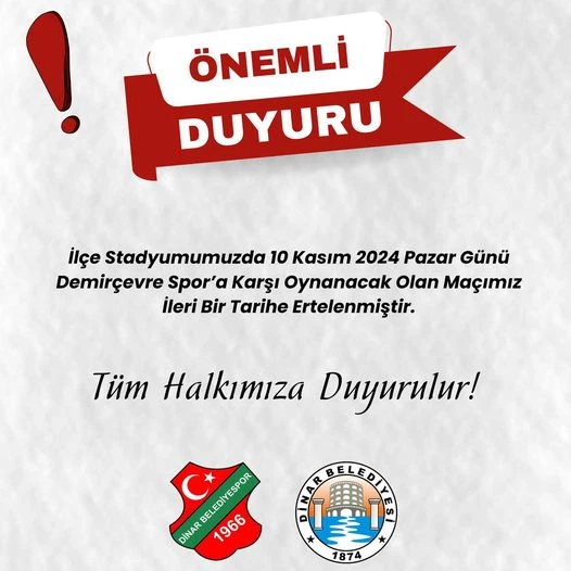 10 Kasım 2024 Pazar Günü Demirçevre Spor’a Karşı Oynanacak Olan Maçımız İleri Bir Tarihe Alınmıştır.