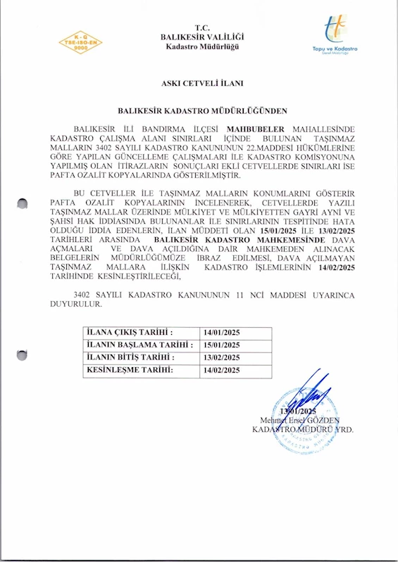 Mahbubeler Mahallesi 3402 sayılı Kadastro Kanunun 22. maddesi kapsamında Kadastro Güncelleme sonuçları Kesin Askı İlanı